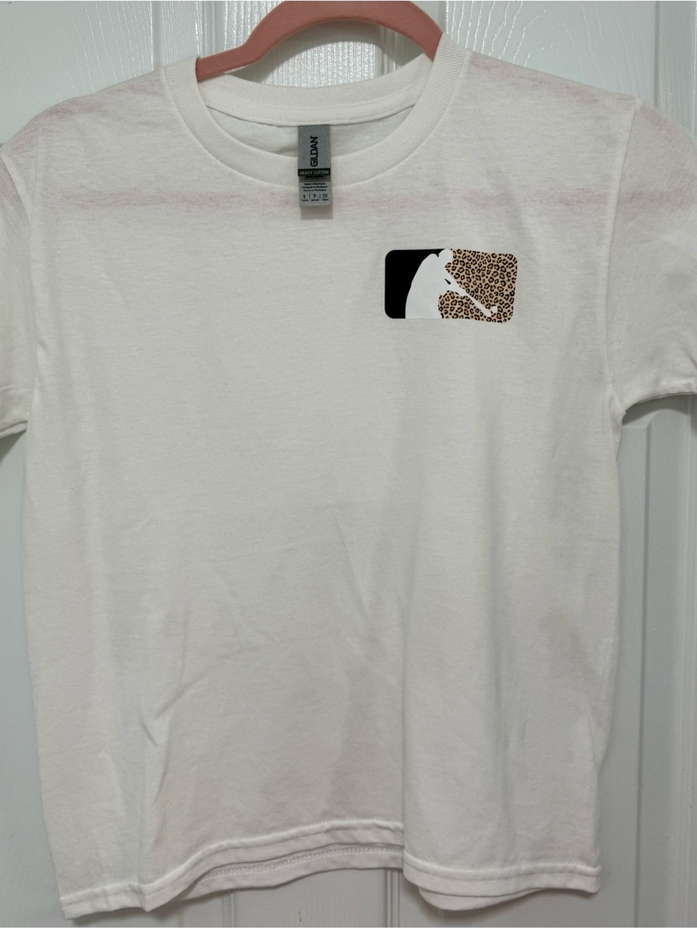 Gildan White Short Sleeve Tee with Leopard Patch Graphic
